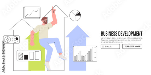 Stock market rebound, business growth, development and gain profit or leadership and achievement concept, businessman jump or fly high following rising up performance arrow graph.