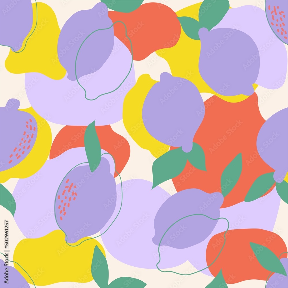 Seamless pattern. Modern wallpaper design. Hand drawn colorful lemons. Vector design for paper, cover, fabric, interior décor, wrapping and more