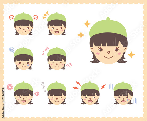 女性の喜怒哀楽の感情　顔アイコン　セット79