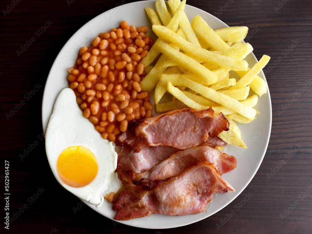 Back bacon, egg, chips and beans on a plate.