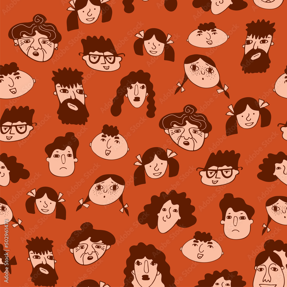 Colored seamless pattern with funny faces of people in doodle freehand style in trendy earth tones. Colored seamless pattern with funny faces of people in doodle freehand style in trendy earth tones.