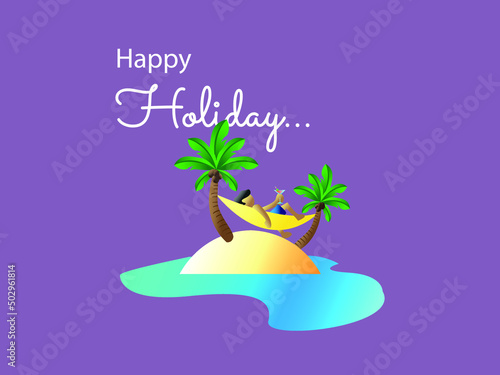 3D man relax in small island drinking in summer holiday with coconut trees isolated in purple vector illustration
