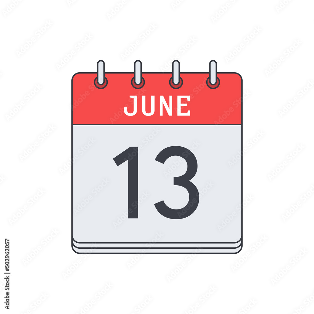 June 13. Calendar icon. Vector illustration, flat design. . June 13. Calendar icon. Vector illustration, flat design. .