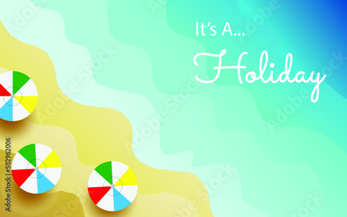 Flat Summer holiday background sandy beach gradient blue sea with hand lettering. for flyer, banner, summer sale ads, desktop background, travel promotion, holiday package 