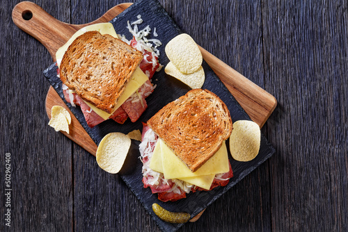 reuben sandwich with corned beef, top view photo