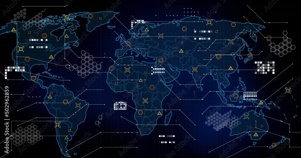 Animation of markers and data processing over world map Animation of markers and data processing over world map