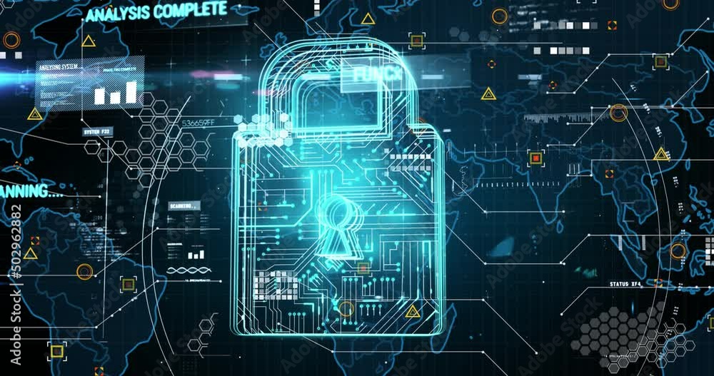Animation of online security padlock, markers and data processing over world map Animation of online security padlock, markers and data processing over world map