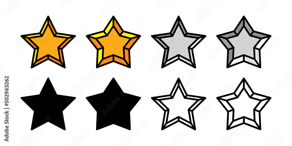Star icon cartoon style. Stars rating symbol. Golden, gray inactive silhouette and linear collection. Star icon cartoon style. Stars rating symbol. Golden, gray inactive silhouette and linear collection.