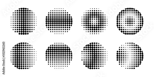 Halftone dotted circle set. Half ton dot round pop art element.