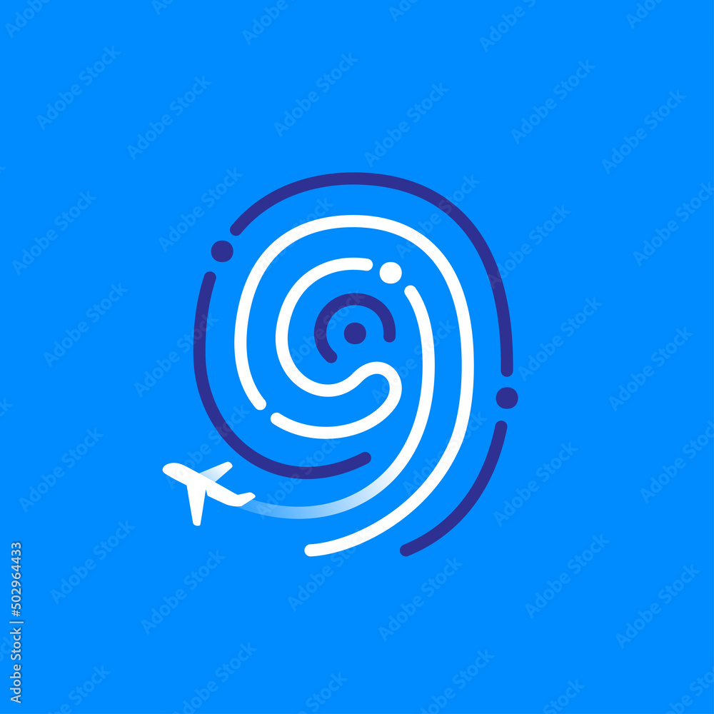 Number nine logo made of fingerprint with plane and airplane trail. Blue and white line icon. Number nine logo made of fingerprint with plane and airplane trail. Blue and white line icon.