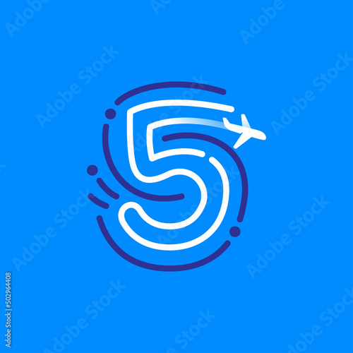 Number five logo made of fingerprint with plane and airplane trail. Blue and white line icon.