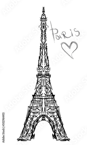 Eiffel tower on white background freehand drawing, love