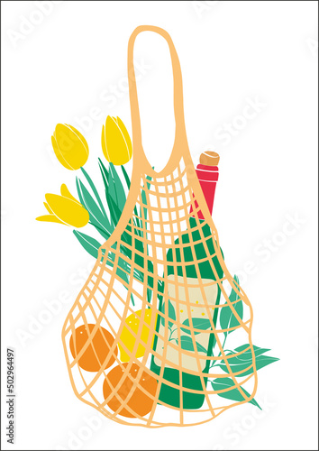 Eco shopping bag with different products. Zero waste, no plastic concept. Miscellaneous items from the local market. Modern abstract with green string bag for healthy lifestyle design. 