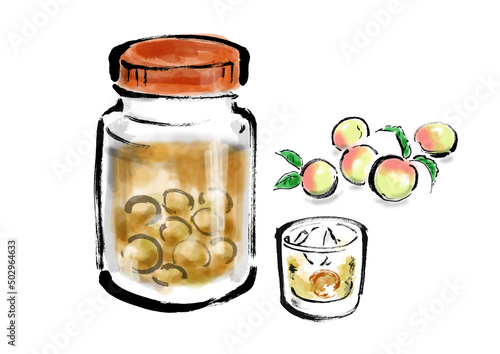 梅の実とグラスに入った梅酒と瓶で漬けた梅酒の手描き和風イラスト
