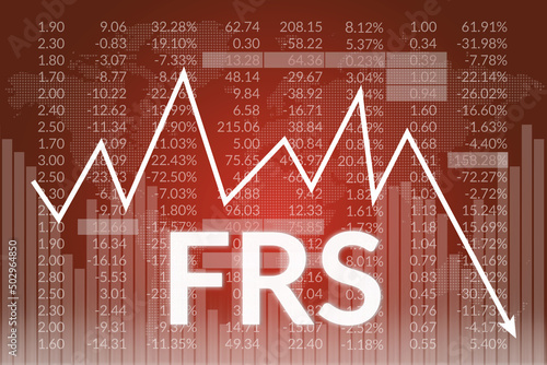 Financial term FRS - Federal Reserve System on dark red finance background from graphs, charts. Downtrend. Financial market concept