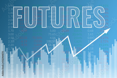Creative finance graph with word Futures on blue background with columns, number, arrow. Financial market concept