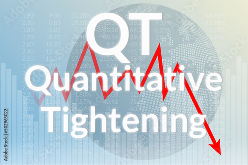 Words Quantitative tightening (QT) on gray financial background. Financial market concept
