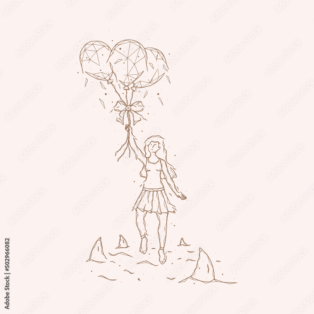 Polygonal vector illustration of a girl with balloons that flies away from sharks. Psychological concept of avoiding problems.