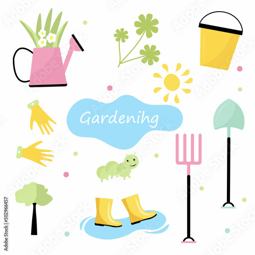 garden supplies, vegetable garden, spring, stickers, set, bucket, watering can, boots, sun, inventory