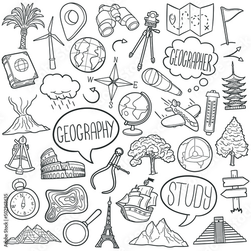 Geography Doodle Icons. Hand Made Line Art. School Subject Clipart Logotype Symbol Design.