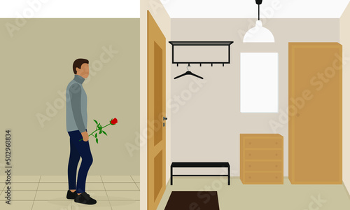 A male character with a red rose in his hand stands in front of the door to the apartment