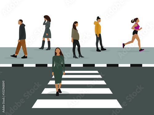 Various characters on the sidewalk and crosswalk