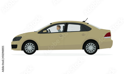 Beige passenger car with a driver on a white background