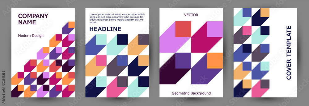 Scientific publication cover template collection graphic design. Swiss style material album mockup