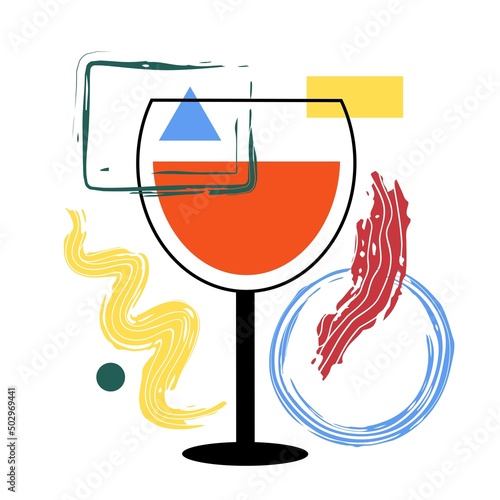 Vector illustration with black glass of red wine and abstract elements, geometric design. Colored poster, apparel print