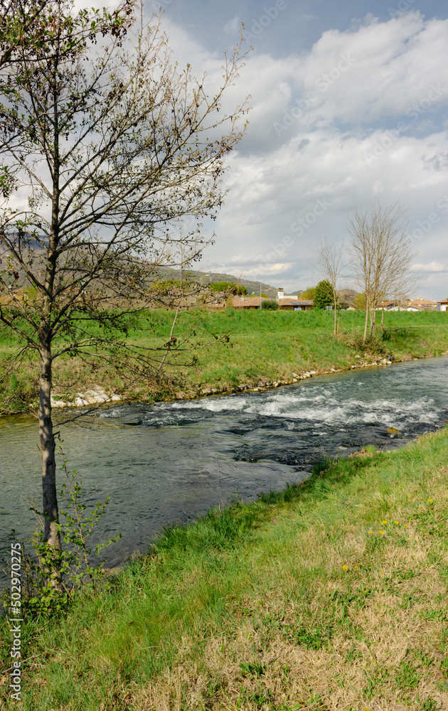 Italian rural landscape. Meschio River. Vertical image. Cordignano, Treviso, Italy.