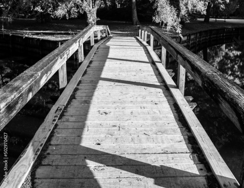 Empty wooden boardwalk footbridge over the pond © BradleyWarren