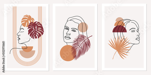Collection of flyers with woman faces in line bohemian art style and geometric shapes. Promotion for social media stories, cards, flyers, posters, banners and others.