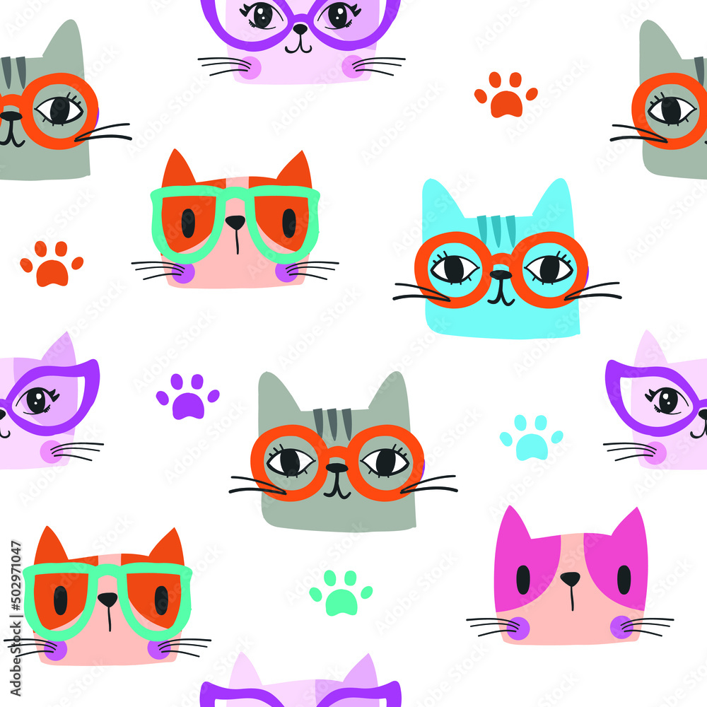 Seamless pattern with cartoon cat had. Background for textile, fabric, stationery , wrapping paper, wear, socks and other designs.