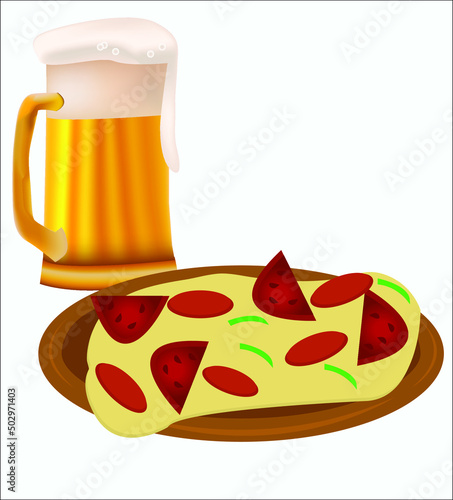 A tasty pizza with cheese and tomatoes and a mug of beer. This logotype can be used for restaurants, cafes and bars. Vector illustration, isolated.
