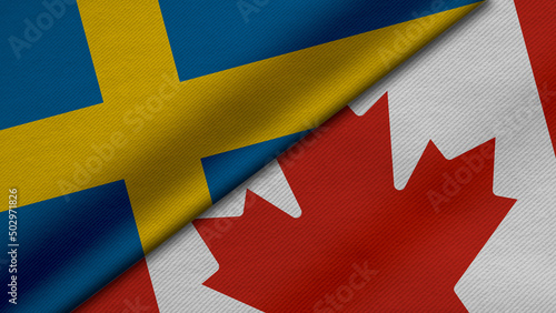 3D Rendering of two flags from Kingdom of Sweden and Canada together with fabric texture, bilateral relations, peace and conflict between countries, great for background
