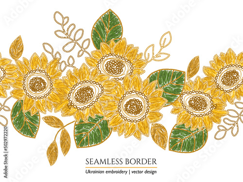 Ukrainian embroidery sunflower seamless floral border. Blue flower embroidered arrangement