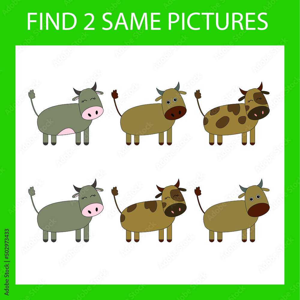 Find a pair game with funny cow. Worksheet for preschool kids, kids activity sheet, printable worksheet
Find a pair game with funny cow. Worksheet for preschool kids, kids activity sheet, printable worksheet