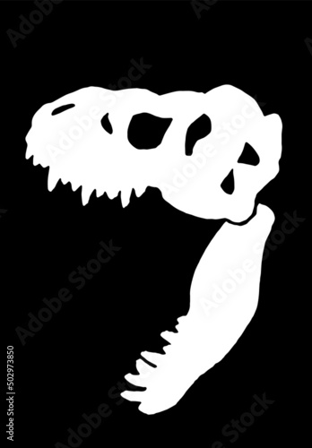 Graphical silhouette of skull of tyrannosaurus isolated on black background,vector element,paleontology