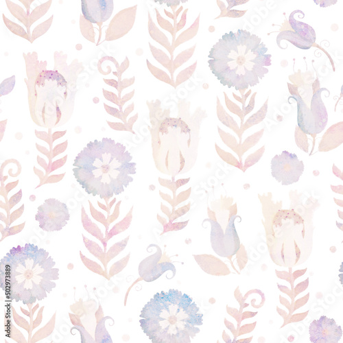 Seamless pattern with flowers. Raster illustration for packaging design, wrapper, scrapbooking or postcard. Watercolor blue and beige flowers on a light background.