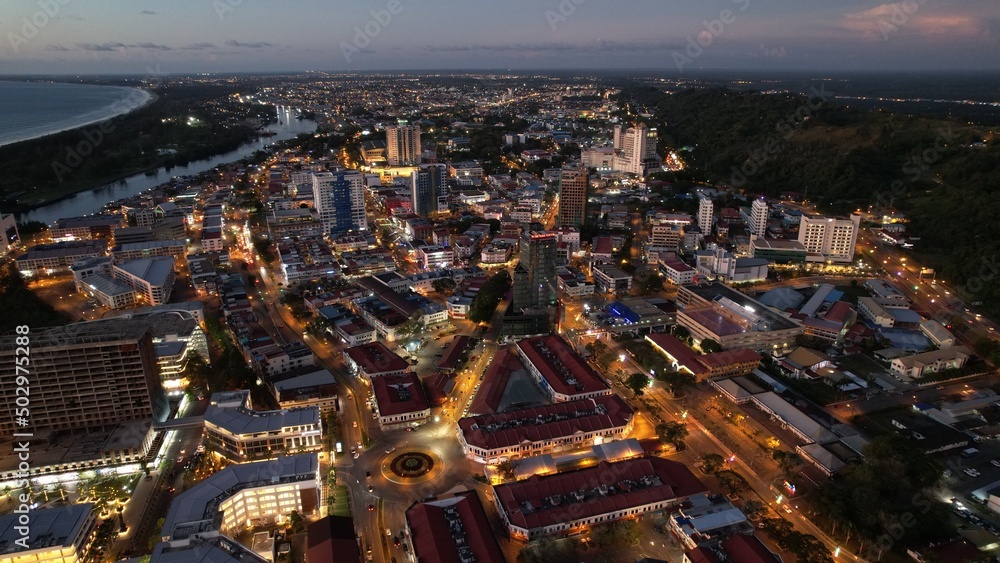 Fototapeta premium Miri, Sarawak Malaysia - May 2, 2022: The Landmark and Tourist Attraction areas of the of Miri City, with its famous beaches, rivers, city and scenic surroundings