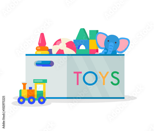 Child toy box. Vector illustration of kids toys flat style