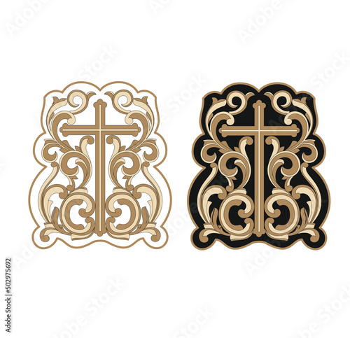 GOLD EMBROIDERY FOR LITURGICAL CLOTHES AND SACRED CEREMONIES. SACRED CATHOLIC SYMBOLS IN ANCIENT STYLE WITH GOLDEN DECORATIONS