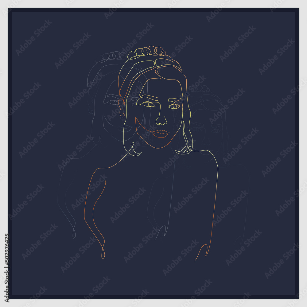 Golden line art of elegant woman. Modern fashion card with female portrait on dark blue background. Linear lady silhouette for tattoo, printing, media, logo, backdrop, etc. Golden line art of elegant woman. Modern fashion card with female portrait on dark blue background. Linear lady silhouette for tattoo, printing, media, logo, backdrop, etc.