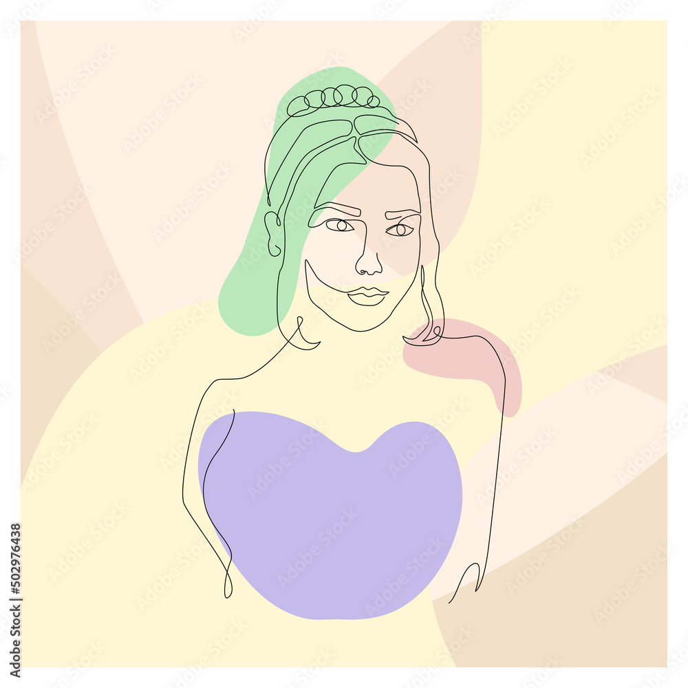 Modern line art of elegant woman on yellow spotty background. Vector fashion illustration with linear female portrait. Linear lady silhouette on simple continuous line style Modern line art of elegant woman on yellow spotty background. Vector fashion illustration with linear female portrait. Linear lady silhouette on simple continuous line style
