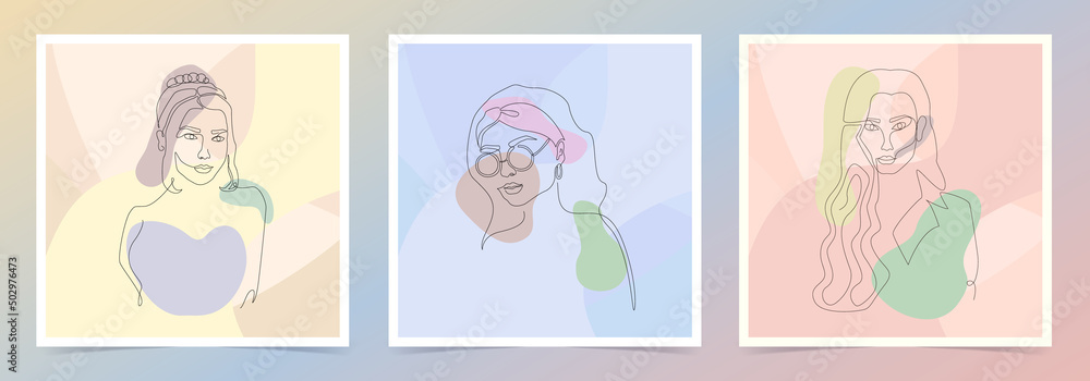 Set of three abstract hand-drawn cards of female profile. Elegant line art with women silhouette in continuous line style. Woman in sunglasses, girl with messy bun and lady in robe with collar Set of three abstract hand-drawn cards of female profile. Elegant line art with women silhouette in continuous line style. Woman in sunglasses, girl with messy bun and lady in robe with collar