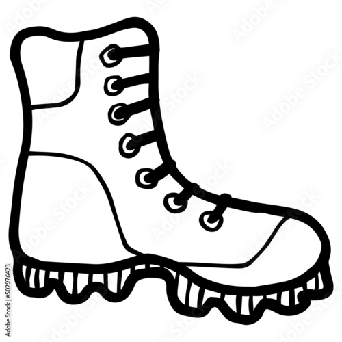 Childish freehand contour drawing of one hiking boot. Simple cartoon black icon isolated on transparent background