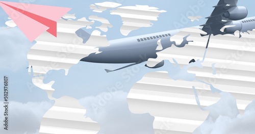 Digital composite of pink paper plane with map and airplane flying against blue sky, copy pace