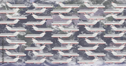 Illustrative image of multiple white airplanes flying against globe