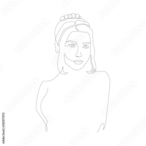 Simple line art of elegant woman. Modern fashion illustration with female portrait. Linear lady silhouette for tattoo, backdrop, printing, t-shirts, media, logo, etc.