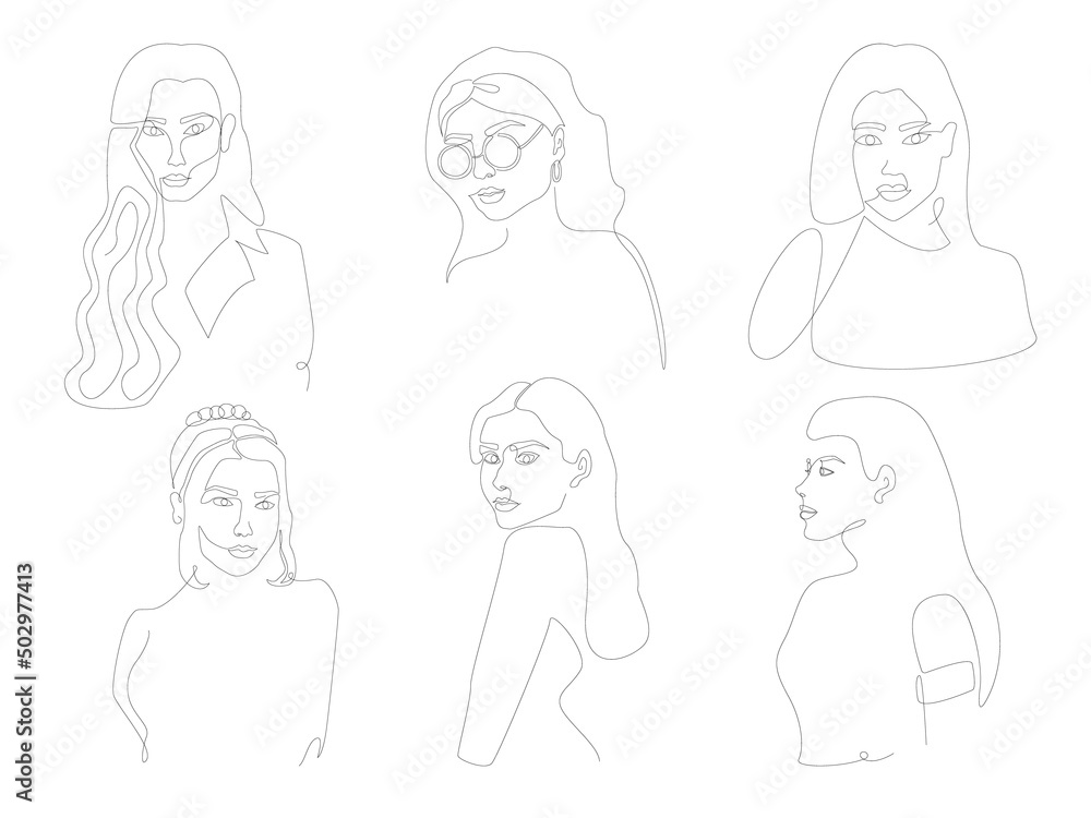 Big set of six illustrations with linear woman silhouettes. Modern abstract logo in continuous line style. Simple female portraits for printing, logo, media, backdrop, t-shirts, tattoo, etc. Big set of six illustrations with linear woman silhouettes. Modern abstract logo in continuous line style. Simple female portraits for printing, logo, media, backdrop, t-shirts, tattoo, etc.